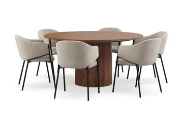 Kopparbo Runt Matbord 150 cm med 6 Filip Matstolar - Valnöt / Taupe Bouclé - Möbler - Bord & matgrupp - Matgrupp