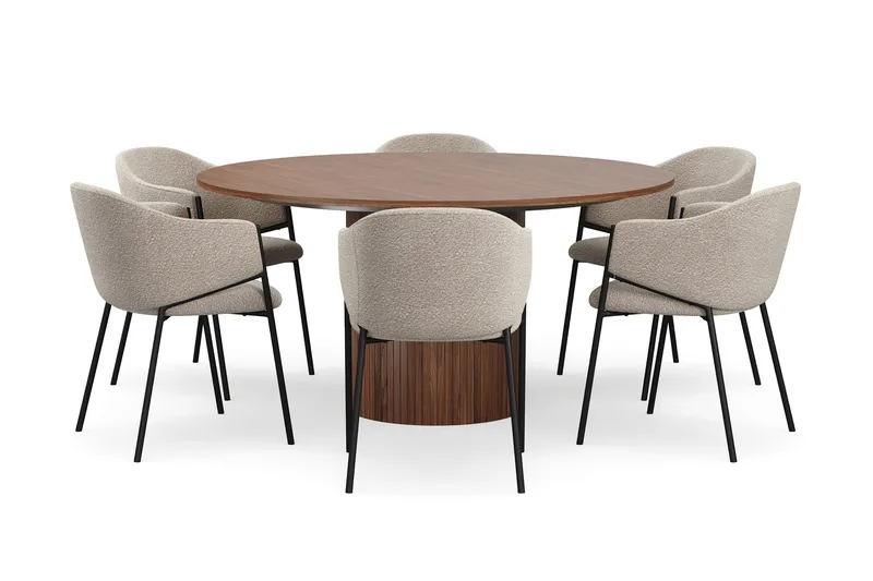 Kopparbo Runt Matbord 150 cm med 6 Filip Matstolar - Valnöt / Taupe Bouclé - Möbler - Bord & matgrupp - Matgrupp