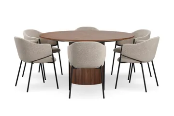 Kopparbo Runt Matbord 150 cm med 6 Filip Matstolar - Valnöt / Taupe Bouclé - Möbler - Bord & matgrupp - Matgrupp