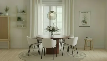 Kopparbo Runt Matbord 150 cm med 6 Filip Matstolar - Valnöt / Vit Bouclé - Möbler - Bord & matgrupp - Matgrupp