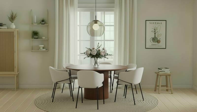 Kopparbo Runt Matbord 150 cm med 6 Filip Matstolar - Valnöt / Vit Bouclé - Möbler - Bord & matgrupp - Matgrupp