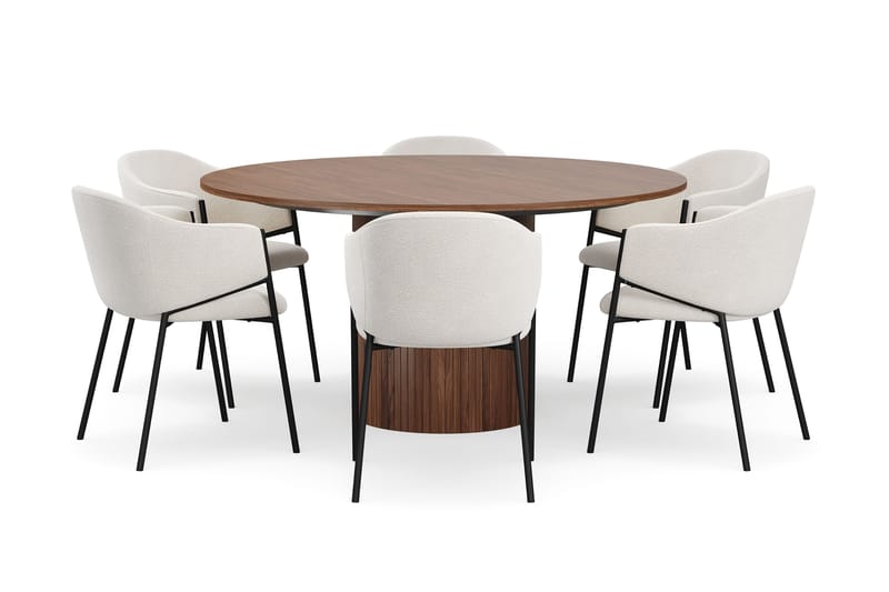 Kopparbo Runt Matbord 150 cm med 6 Filip Matstolar - Valnöt / Vit Bouclé - Möbler - Bord & matgrupp - Matgrupp