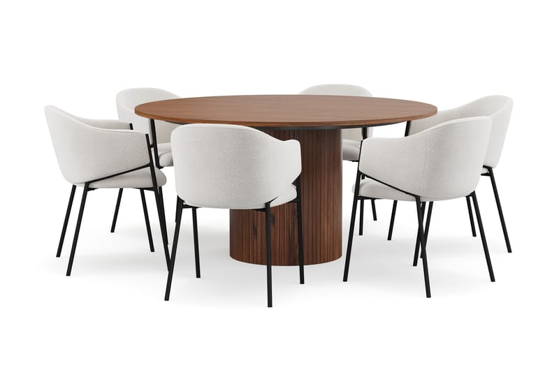 Kopparbo Runt Matbord 150 cm med 6 Filip Matstolar - Valnöt / Vit Bouclé - Möbler - Bord & matgrupp - Matgrupp