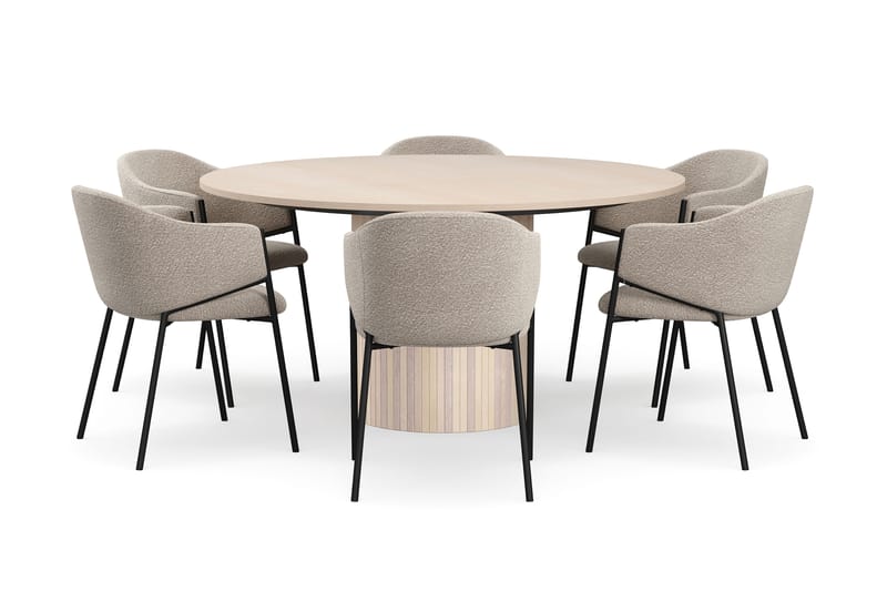 Kopparbo Runt Matbord 150 cm med 6 Filip Matstolar - Vit / Taupe Bouclé - Möbler - Bord & matgrupp - Matgrupp