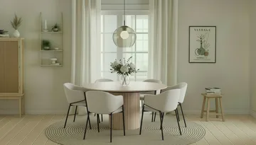 Kopparbo Runt Matbord 150 cm med 6 Filip Matstolar - Vit / Vit Bouclé - Möbler - Bord & matgrupp - Matgrupp