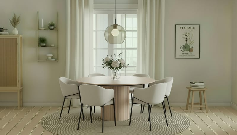 Kopparbo Runt Matbord 150 cm med 6 Filip Matstolar - Vit / Vit Bouclé - Möbler - Bord & matgrupp - Matgrupp