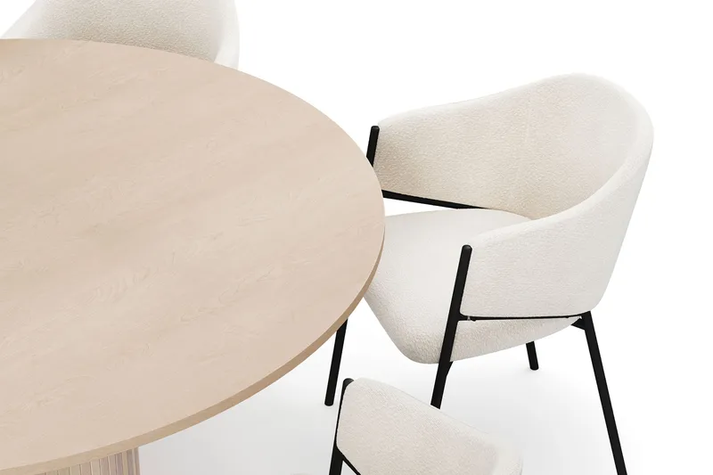 Kopparbo Runt Matbord 150 cm med 6 Filip Matstolar - Vit / Vit Bouclé - Möbler - Bord & matgrupp - Matgrupp