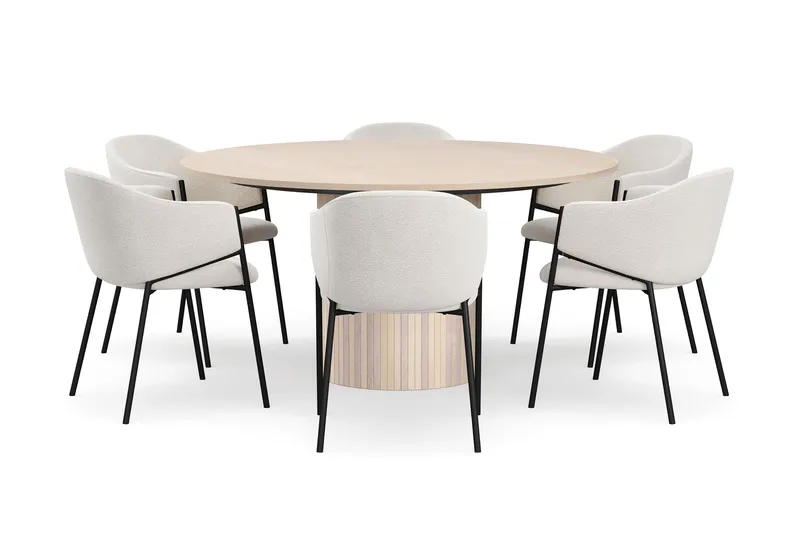 Kopparbo Runt Matbord 150 cm med 6 Filip Matstolar - Vit / Vit Bouclé - Möbler - Bord & matgrupp - Matgrupp