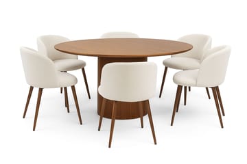 Kopparbo Runt Matbord 150 cm med 6 Greya Matstolar med armstöd - Valnöt / Vit Bouclé / Metallben Valnöt - Möbler - Bord & matgrupp - Matgrupp