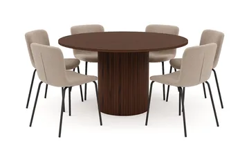 Kopparbo Runt Matbord 150 cm med 6 Katy Matstolar - Valnöt / Greige Bouclé / Metallben Svart - Möbler - Bord & matgrupp - Matgrupp