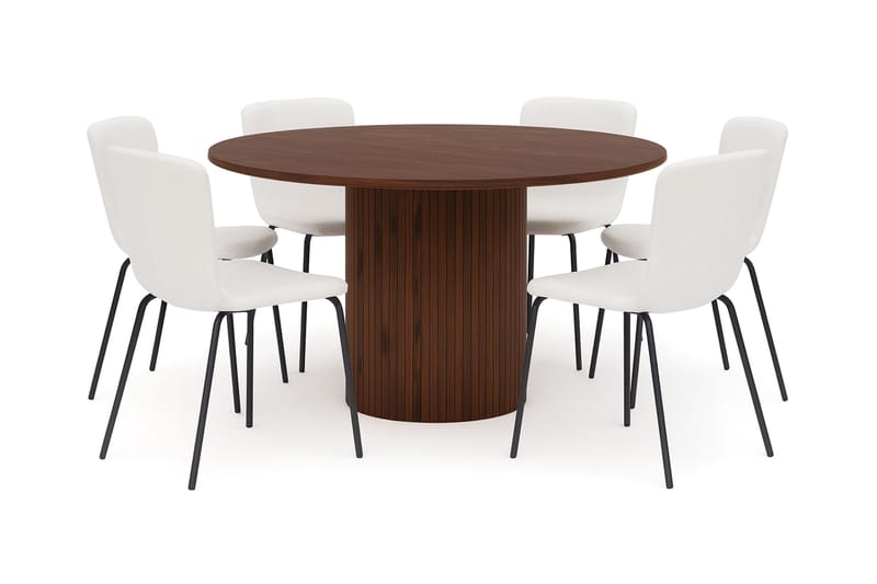 Kopparbo Runt Matbord 150 cm med 6 Katy Matstolar, Valnöt / Vit Bouclé / Metallben Svart