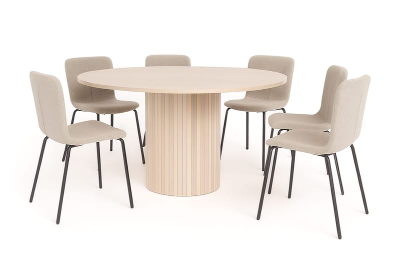 Kopparbo Runt Matbord 150 cm med 6 Katy Matstolar, Vit / Greige Bouclé / Metallben Svart