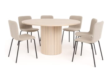 Kopparbo Runt Matbord 150 cm med 6 Katy Matstolar - Vit / Greige Bouclé / Metallben Svart - Möbler - Bord & matgrupp - Matgrupp