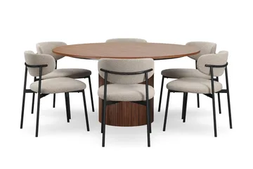 Kopparbo Runt Matbord 150 cm med 6 Lucy Matstolar - Valnöt / Greige Bouclé / Metallben Svart - Möbler - Bord & matgrupp - Matgrupp