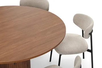 Kopparbo Runt Matbord 150 cm med 6 Lucy Matstolar - Valnöt / Greige Bouclé / Metallben Svart - Möbler - Bord & matgrupp - Matgrupp