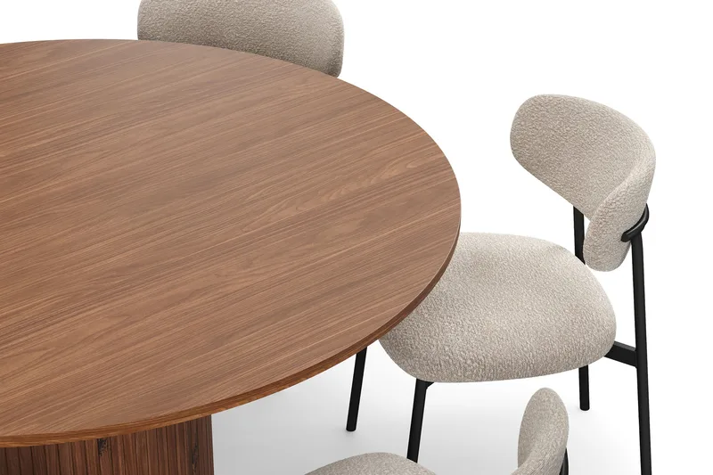 Kopparbo Runt Matbord 150 cm med 6 Lucy Matstolar - Valnöt / Greige Bouclé / Metallben Svart - Möbler - Bord & matgrupp - Matgrupp