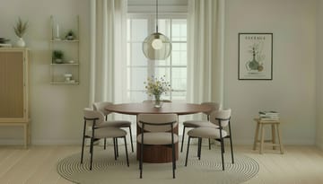 Kopparbo Runt Matbord 150 cm med 6 Lucy Matstolar - Valnöt / Greige Bouclé / Metallben Svart - Möbler - Bord & matgrupp - Matgrupp