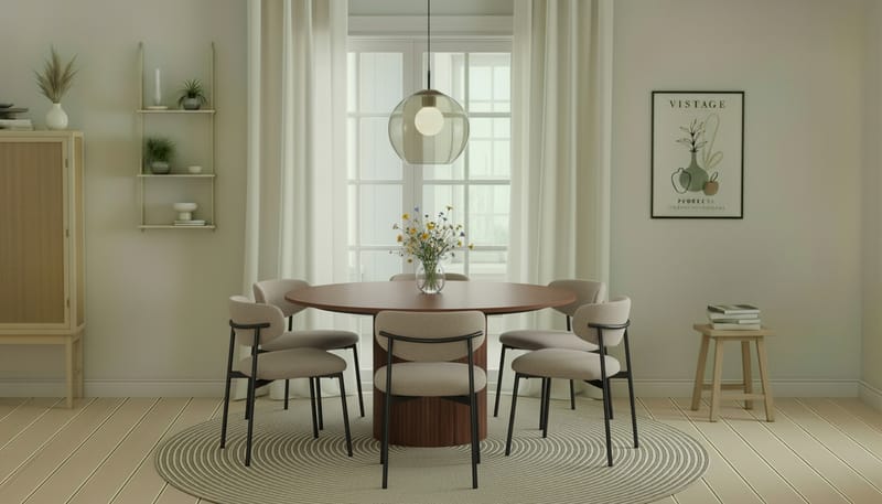 Kopparbo Runt Matbord 150 cm med 6 Lucy Matstolar - Valnöt / Greige Bouclé / Metallben Svart - Möbler - Bord & matgrupp - Matgrupp