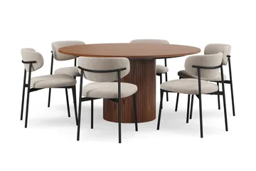 Kopparbo Runt Matbord 150 cm med 6 Lucy Matstolar - Valnöt / Greige Bouclé / Metallben Svart - Möbler - Bord & matgrupp - Matgrupp