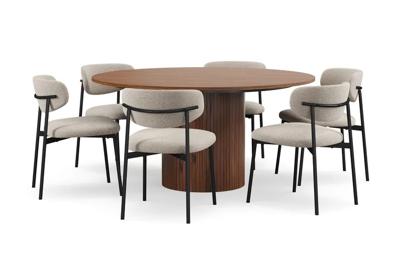 Kopparbo Runt Matbord 150 cm med 6 Lucy Matstolar - Valnöt / Greige Bouclé / Metallben Svart - Möbler - Bord & matgrupp - Matgrupp
