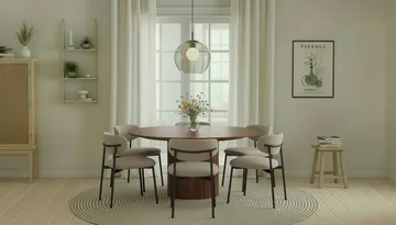 Kopparbo Runt Matbord 150 cm med 6 Lucy Matstolar - Valnöt / Greige Bouclé / Metallben Svart - Möbler - Bord & matgrupp - Matgrupp