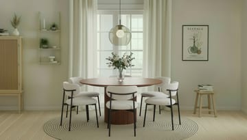 Kopparbo Runt Matbord 150 cm med 6 Lucy Matstolar - Valnöt / Vit Bouclé / Metallben Svart - Möbler - Bord & matgrupp - Matgrupp