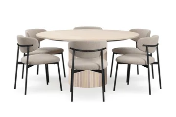 Kopparbo Runt Matbord 150 cm med 6 Lucy Matstolar - Vit / Greige Bouclé / Metallben Svart - Möbler - Bord & matgrupp - Matgrupp