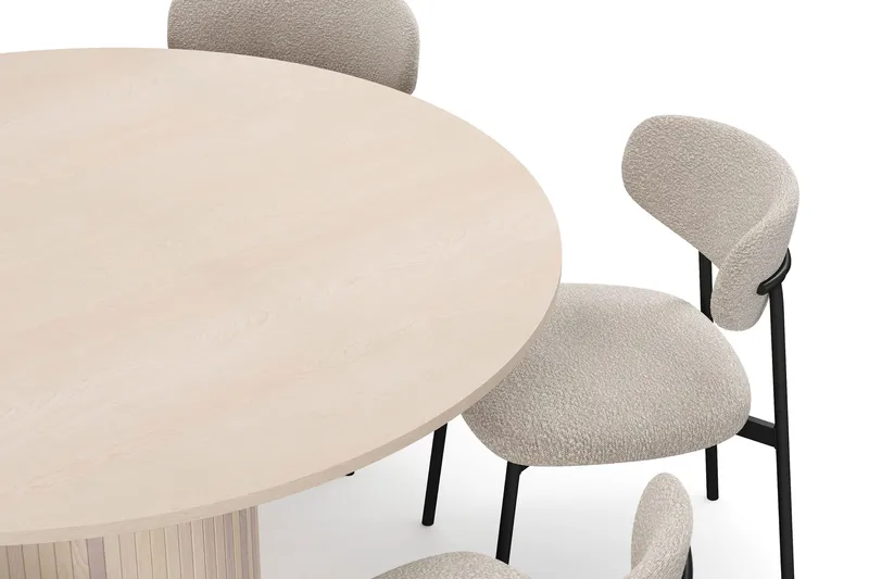 Kopparbo Runt Matbord 150 cm med 6 Lucy Matstolar - Vit / Greige Bouclé / Metallben Svart - Möbler - Bord & matgrupp - Matgrupp