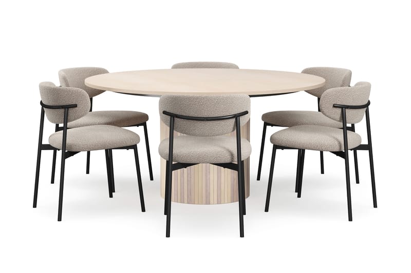 Kopparbo Runt Matbord 150 cm med 6 Lucy Matstolar, Vit / Greige Bouclé / Metallben Svart