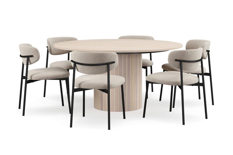 Kopparbo Runt Matbord 150 cm med 6 Lucy Matstolar - Vit / Greige Bouclé / Metallben Svart - Möbler - Bord & matgrupp - Matgrupp