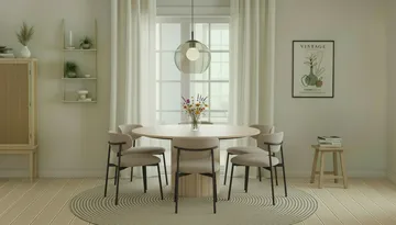 Kopparbo Runt Matbord 150 cm med 6 Lucy Matstolar - Vit / Greige Bouclé / Metallben Svart - Möbler - Bord & matgrupp - Matgrupp