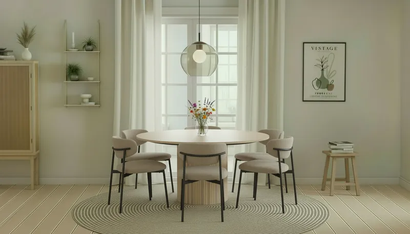 Kopparbo Runt Matbord 150 cm med 6 Lucy Matstolar - Vit / Greige Bouclé / Metallben Svart - Möbler - Bord & matgrupp - Matgrupp