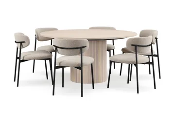 Kopparbo Runt Matbord 150 cm med 6 Lucy Matstolar - Vit / Greige Bouclé / Metallben Svart - Möbler - Bord & matgrupp - Matgrupp