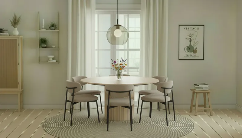 Kopparbo Runt Matbord 150 cm med 6 Lucy Matstolar - Vit / Greige Bouclé / Metallben Svart - Möbler - Bord & matgrupp - Matgrupp