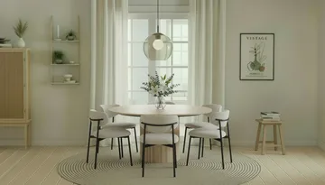 Kopparbo Runt Matbord 150 cm med 6 Lucy Matstolar - Vit / Vit Bouclé / Metallben Svart - Möbler - Bord & matgrupp - Matgrupp