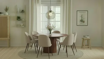 Kopparbo Runt Matbord 150 cm med 6 Nibe Plus Matstolar - Valnöt / Greige Bouclé / Metallben Valnöt - Möbler - Bord & matgrupp - Matgrupp