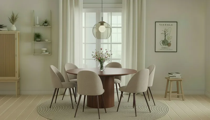 Kopparbo Runt Matbord 150 cm med 6 Nibe Plus Matstolar - Valnöt / Greige Bouclé / Metallben Valnöt - Möbler - Bord & matgrupp - Matgrupp