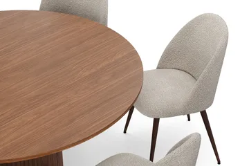 Kopparbo Runt Matbord 150 cm med 6 Nibe Plus Matstolar - Valnöt / Greige Bouclé / Metallben Valnöt - Möbler - Bord & matgrupp - Matgrupp