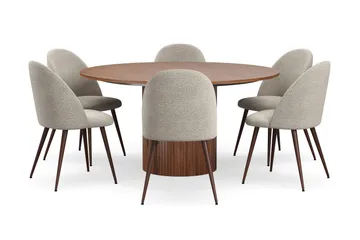 Kopparbo Runt Matbord 150 cm med 6 Nibe Plus Matstolar - Valnöt / Greige Bouclé / Metallben Valnöt - Möbler - Bord & matgrupp - Matgrupp