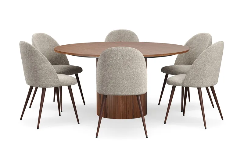 Kopparbo Runt Matbord 150 cm med 6 Nibe Plus Matstolar - Valnöt / Greige Bouclé / Metallben Valnöt - Möbler - Bord & matgrupp - Matgrupp