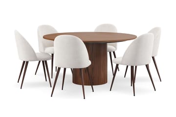 Kopparbo Runt Matbord 150 cm med 6 Nibe Plus Matstolar - Valnöt / Vit Bouclé / Metallben Valnöt - Möbler - Bord & matgrupp - Matgrupp