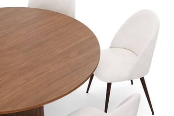 Kopparbo Runt Matbord 150 cm med 6 Nibe Plus Matstolar - Valnöt / Vit Bouclé / Metallben Valnöt - Möbler - Bord & matgrupp - Matgrupp
