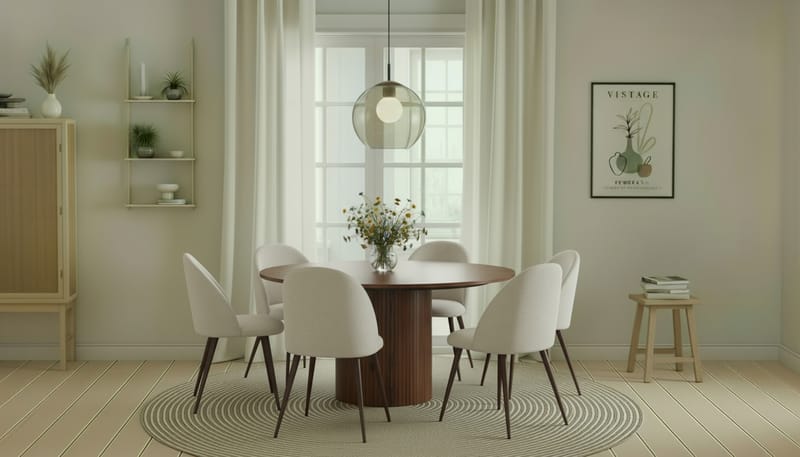 Kopparbo Runt Matbord 150 cm med 6 Nibe Plus Matstolar - Valnöt / Vit Bouclé / Metallben Valnöt - Möbler - Bord & matgrupp - Matgrupp