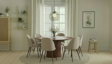 Kopparbo Runt Matbord 150 cm med 6 Nibe Plus Matstolar - Valnöt / Greige Bouclé / Metallben Valnöt - Möbler - Bord & matgrupp - Matgrupp