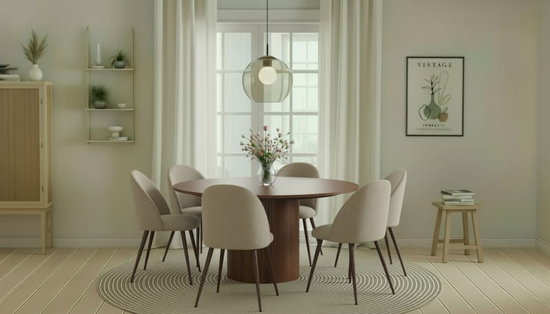 Kopparbo Runt Matbord 150 cm med 6 Nibe Plus Matstolar - Valnöt / Greige Bouclé / Metallben Valnöt - Möbler - Bord & matgrupp - Matgrupp