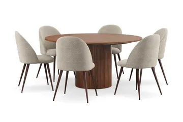 Kopparbo Runt Matbord 150 cm med 6 Nibe Plus Matstolar - Valnöt / Greige Bouclé / Metallben Valnöt - Möbler - Bord & matgrupp - Matgrupp