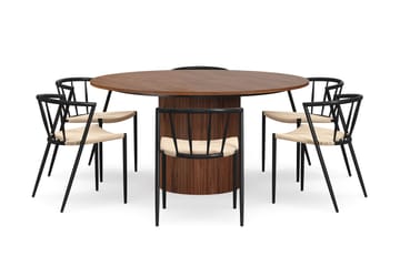 Kopparbo Runt Matbord 150 cm med 6 Winston Matstolar - Valnöt / Beige / Metallben Svart - Möbler - Bord & matgrupp - Matgrupp