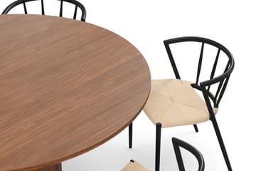 Kopparbo Runt Matbord 150 cm med 6 Winston Matstolar - Valnöt / Beige / Metallben Svart - Möbler - Bord & matgrupp - Matgrupp