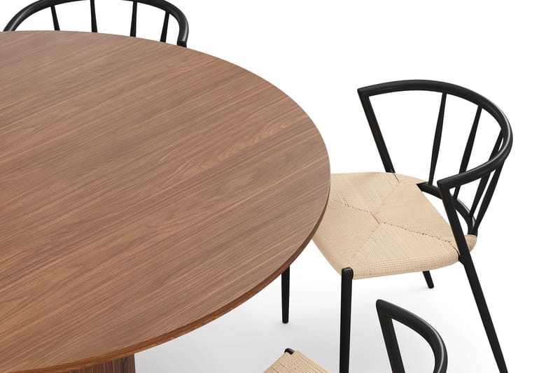Kopparbo Runt Matbord 150 cm med 6 Winston Matstolar - Valnöt / Beige / Metallben Svart - Möbler - Bord & matgrupp - Matgrupp
