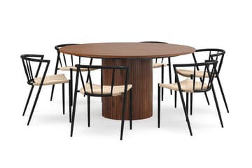 Kopparbo Runt Matbord 150 cm med 6 Winston Matstolar - Valnöt / Beige / Metallben Svart - Möbler - Bord & matgrupp - Matgrupp